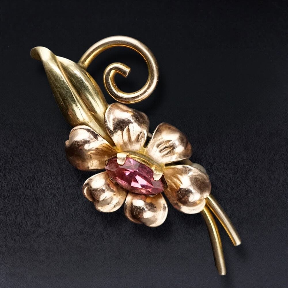 Van Dell Vintage Flower Brooch Pink Marquise Crystal 12K GF Two Tone Lapel Pin